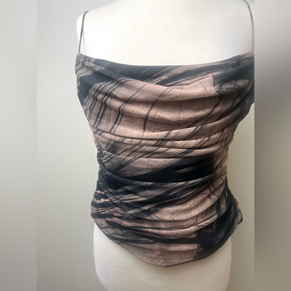 New With Tag Zara PRINTED TULLE TOP Brown With Black Spaghetti Straps Size XL